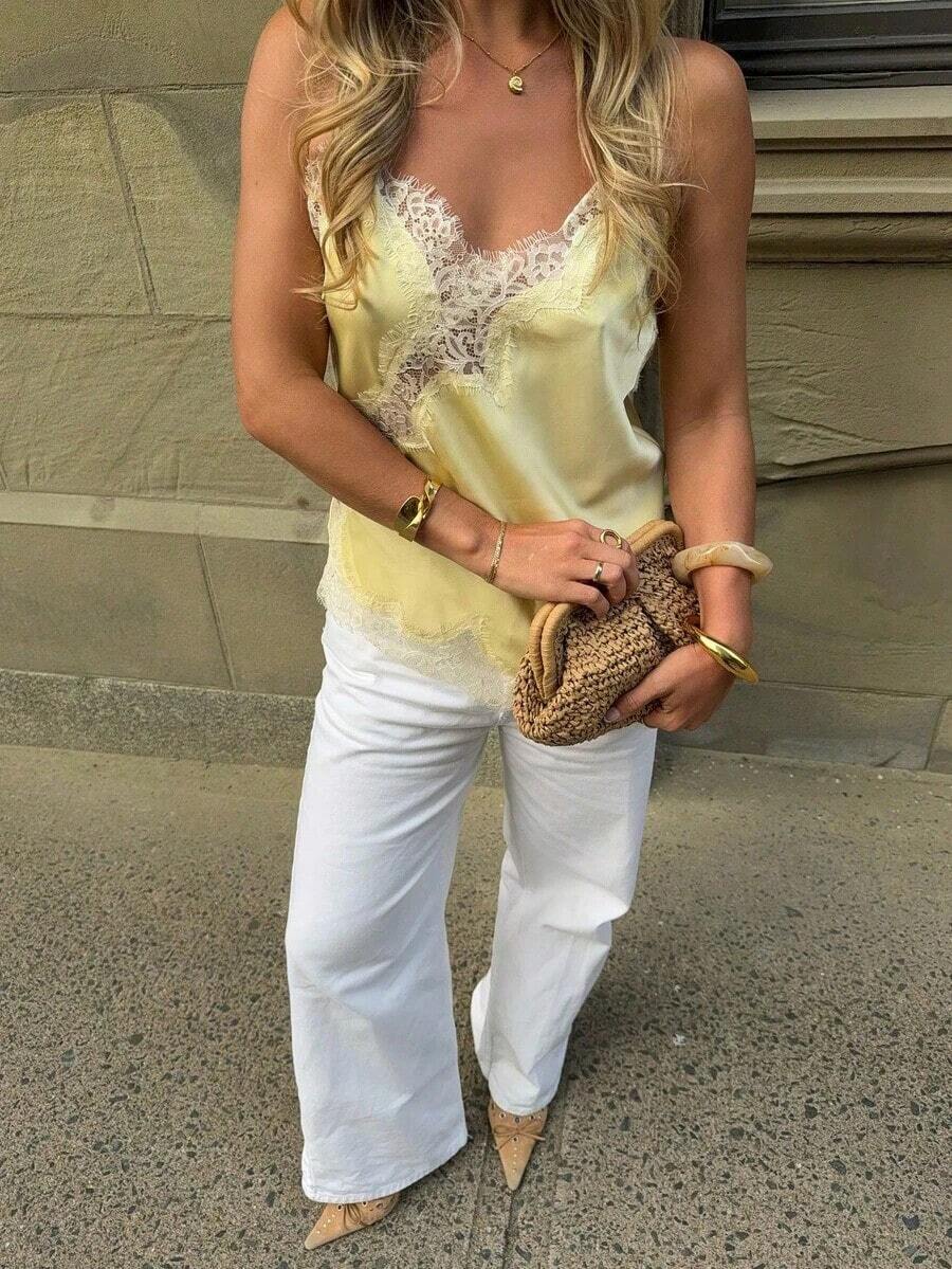 Camiseta sin mangas asimétrica de encaje con contraste de unicolor para mujer, elegante y holgada, top casual de verano - Amarillo - Ver 1