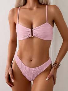 Swim Conjunto de bikini de verano para mujer de unicolor con pliegues y sexy - Rosa - Ver 4