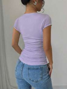 Raffinéa Camiseta ajustado de moda con mangas raglan, cuello en U, cintura fruncida, elástica, blanca, para primavera/verano, para mujeres - Púrpura malva - Ver 2