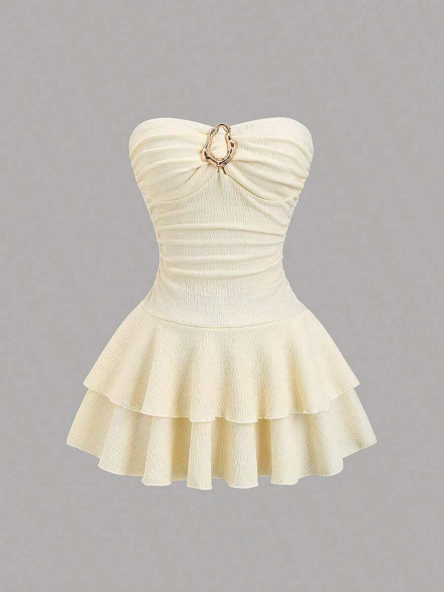 Vestido elegante sin tirantes con volantes en capas para mujer - Amarillo - Ver 1