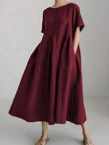 Vestido de lino suelto, casual, elegante y cómodo para mujer.Vestido largo suelto de manga corta, con bolsillo, cuello redondo y unicolor.Ajuste relajado para el verano - Burdeos - Ver 2