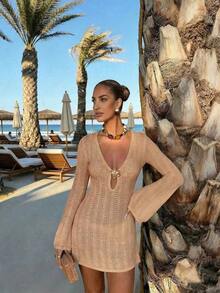Vestido de manga larga de punto para mujer, estilo de vacaciones en la playa - Camello - Ver 2
