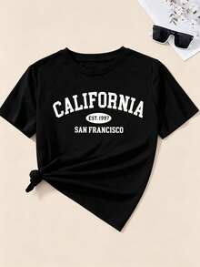 SET CAMISETAS DE CUELLO Prenda individual, no un conjunto de 3 piezas, 1 piezas/set de camisetas de manga suitable for streetwear, Top oversized cuello redondo daily outings, camping, concerts, hip-hop, rock, and rap events REDONDO MANGA CORTA IDEAL PARA TI,PLAYERA NEGRA ESTAMPADO DE CALIFORNIA SAN FRANCISCO,PLAYERA ROJA LOS ANGELES CALIFORNIA ,PLAYERA HUESO ESTAMPADO DE CALIFORNIA WES COST. - Negro - Ver 2