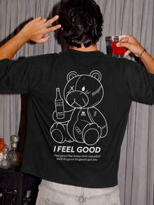 Fractyr 男款雙面印花寬鬆版型T恤，「I Feel Good」破碎泰迪熊圖案印花上衣，工業風卡通休閒上衣，柔軟短袖圓領襯衫，適合街頭穿搭與夜生活 - 黑色 - 查看 3
