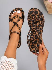 Giày sandal đế bằng thanh lịch dành cho nữ, sandal đế bằng họa tiết da báo với quai chéo và dây thun, sandal thể thao đi biển thoải mái, sandal đế bằng phong cách retro Trung Đông và châu Âu với mũi vuông. - Cà phê nâu - Xem 2