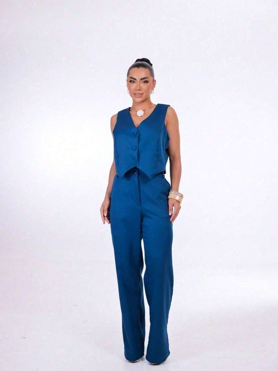 Wide-Leg Pants By Alntaria Risco Calca111114 - Teal Blue - View 1