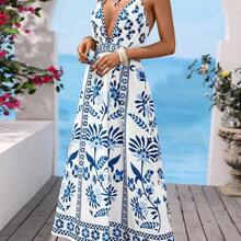 Vacation, traje de vacaciones, traje de verano, vestido romántico con estampado floral blanco y azul para mujer Vestidos boho para mujer Traje de Santorini para mujer Ropa de resort Vestido de vacaciones para mujer Vestidos largos de verano para mujer Vestidos de picnic para mujer Vestidos elegantes de verano para mujer - Azul y blanco - Ver 7