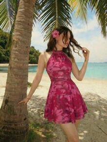 MOD Vestido mini con espalda descubierta, lazo y estampado floral abstracto fluido - Multicolor - Ver 7