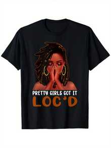 Women's African American Graphic T-Shirt With 'Pretty Girls Got It Loc'd' Print, Crew Neck, Short Sleeve, Casual Fit, Perfect Gift For Halloween, Thanksgiving, Christmas, Valentine's Day, Sizes.Jpg, Party Wear, Beachwear And Outdoor Sports | Casual Wear For All Seasons - 黑色 - 查看 1