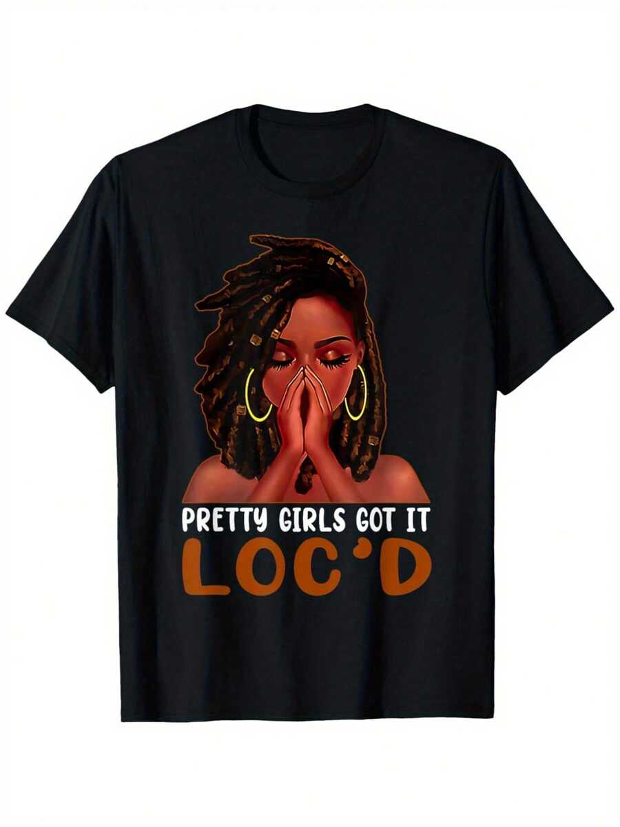 Women's African American Graphic T-Shirt With 'Pretty Girls Got It Loc'd' Print, Crew Neck, Short Sleeve, Casual Fit, Perfect Gift For Halloween, Thanksgiving, Christmas, Valentine's Day, Sizes.Jpg, Party Wear, Beachwear And Outdoor Sports | Casual Wear For All Seasons - 黑色 - 查看 1