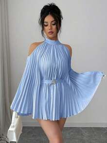 Elenzya Elegante camisa/blusa de mujer con mangas acampanadas y cintura ceñida para vacaciones - Celeste - Ver 6