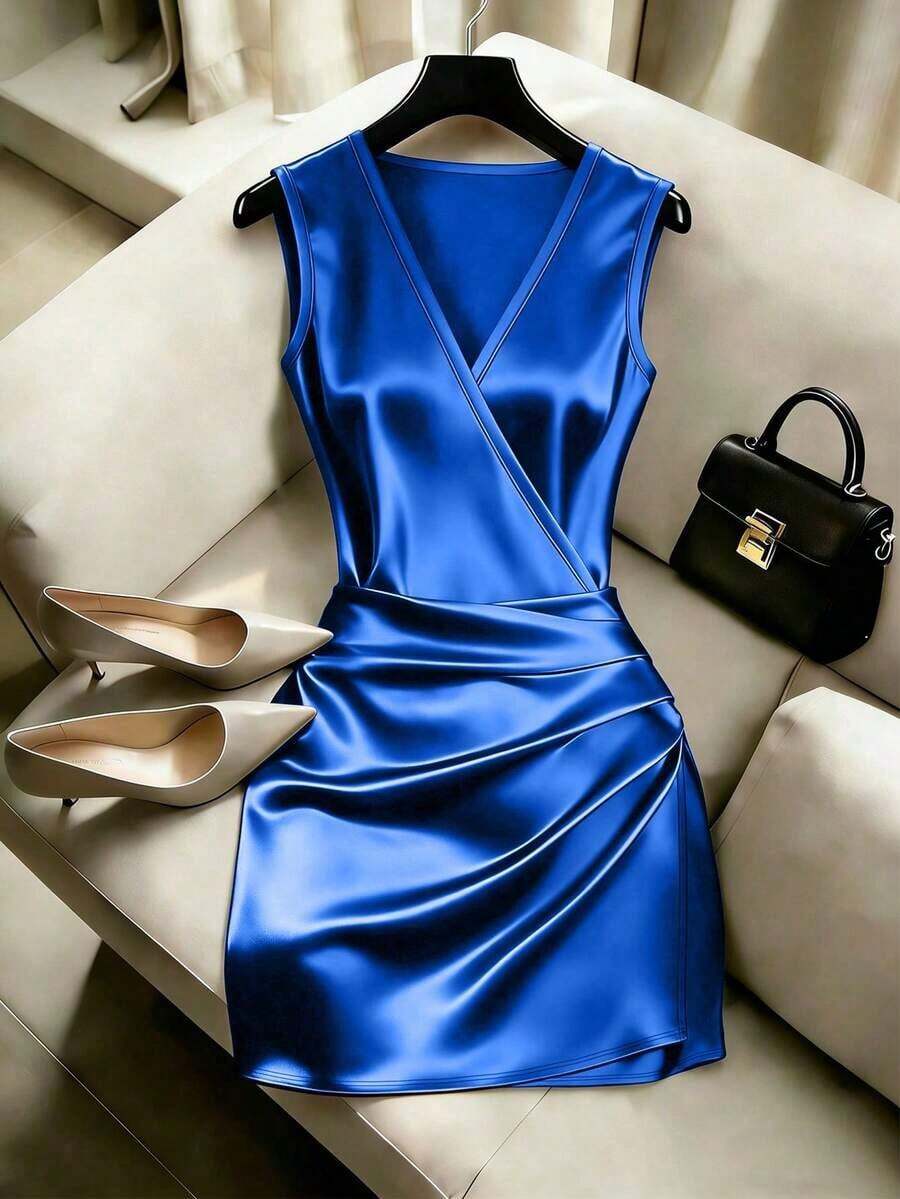 Vestido ajustado con cuello en V sin mangas, cintura fruncida e irregular, vestido de satén para mujer, vestido de primavera/verano para mujer, vestido elegante de fiesta para mujer, atuendo de vacaciones para mujer, atuendo del Día de San - azul real - Ver 1