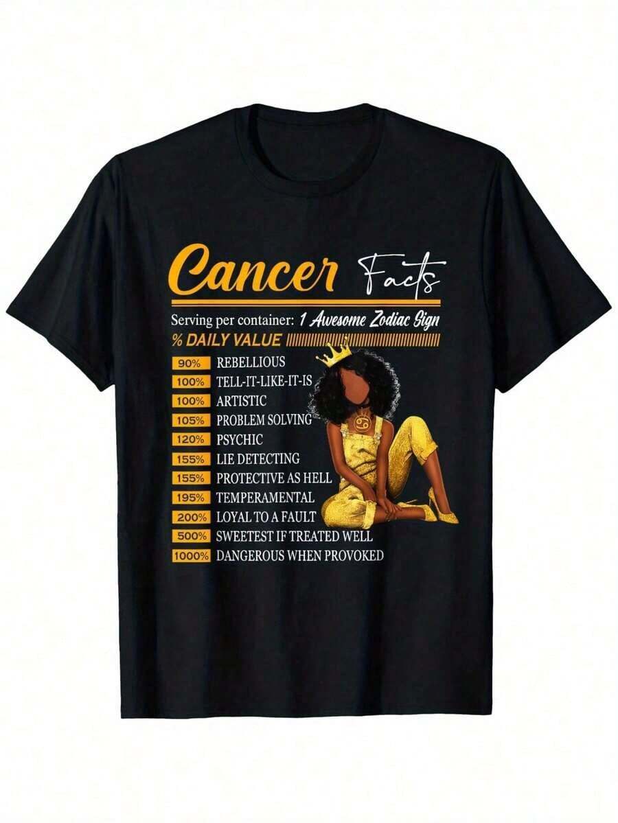 Highly Recommended. Fun Print T-Shirt Featuring Facts About Cancer, Zodiac Horoscope, Birthday, For Women And Men. Casual T-Shirts For Relaxing, Social Events, Or Outdoor Activities. Easy To Match. - 黑色 - 查看 1