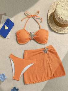 Conjunto de 3 piezas bikini bandeau con textura y adorno de estrella de mar para mujer, perfecto para el verano - Naranja - Ver 5