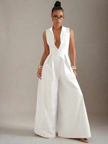 Mono sin mangas con cremallera frontal y piernas extra anchas - Blanco - Ver 6