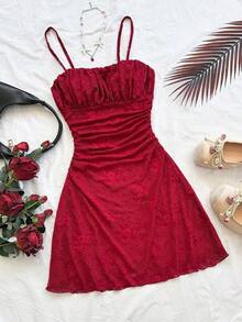 Vestido mini de línea A con tirantes de espagueti rosa y romántico Ditsy Floral para mujer, adecuado para fiesta, cita, San Valentín, Pascua, carnaval, crucero por la playa, Afternoon vestido de moda para té, primavera/verano - Burdeos - Ver 6