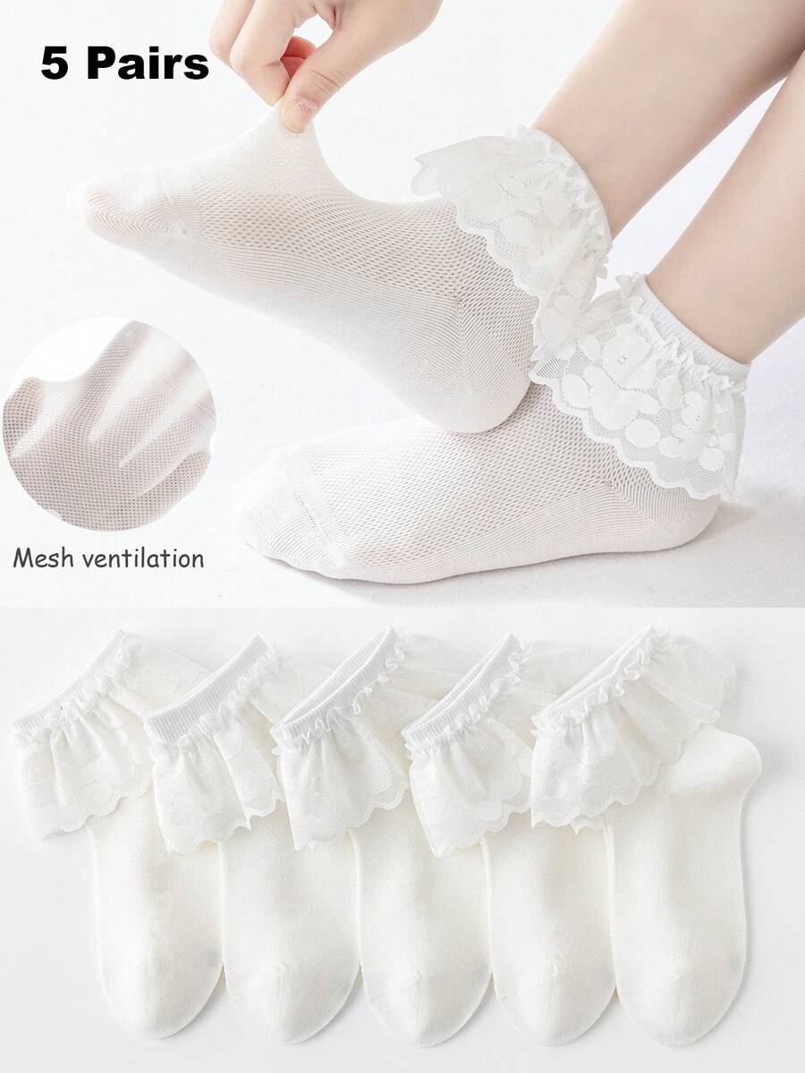 5 pares de calcetines de media caña blancos de malla y encaje para niños, calcetines accesorios transpirables para volver al colegio, calcetines dulces para niñas - Multicolor - Ver 1