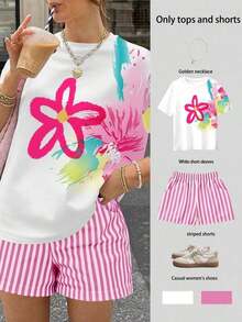 Conjunto de 2 piezas de camiseta de manga corta y pantalones cortos con estampado de corazones y rayas, para uso casual y de vacaciones de mujer - Rosa 2 - Ver 6