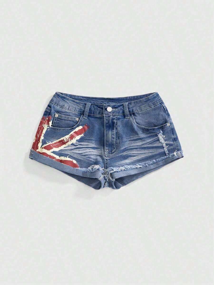 Grunge Punk Shorts vaqueros de cintura baja con estampado de bandera nacional de estilo vintage Y2K sexy para mujeres, para conciertos y festivales de verano - Azul 2 - Ver 1