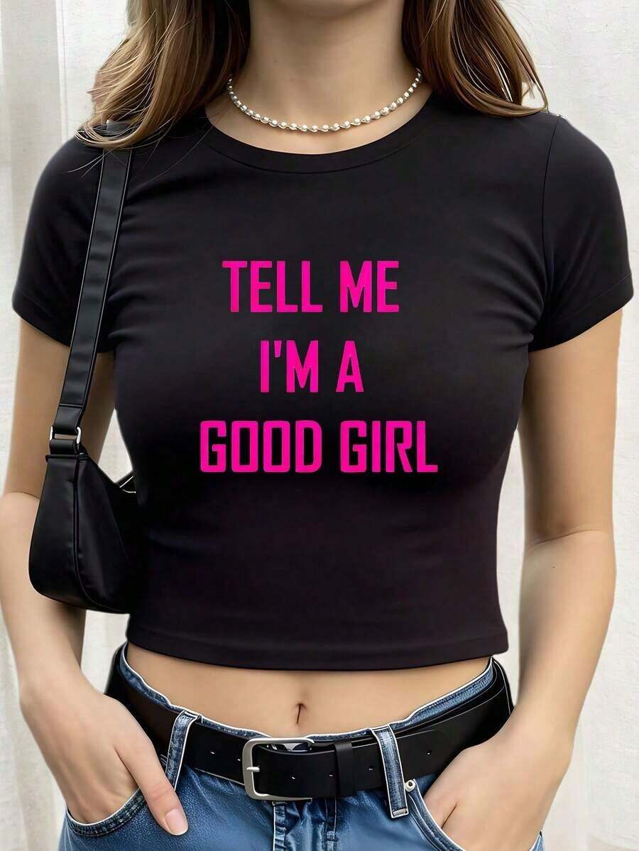 Mother's Day Set - Sexy Women's Crop Top Y2K Style - Fitted Short Sleeve T-Shirt With "Tell Me I'm Fine" Print In Pink Letters, Black And Pink Pattern, Machine Washable, Casual Urban Style, Sizes S-XL, Fitted Waist Design, Modern And Simple Set - 100% Cotton, Soft, Breathable, Women's Crop Top / Short T-Shirts - 黑色 - 查看 1