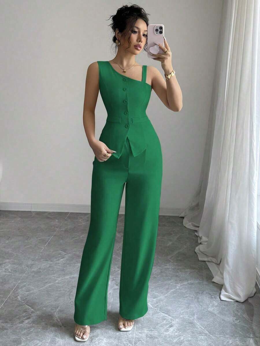Conjunto de chaleco sin mangas y pantalones rectos para mujer, con tirantes, cierre de botones, para primavera/verano - Verde - Ver 1