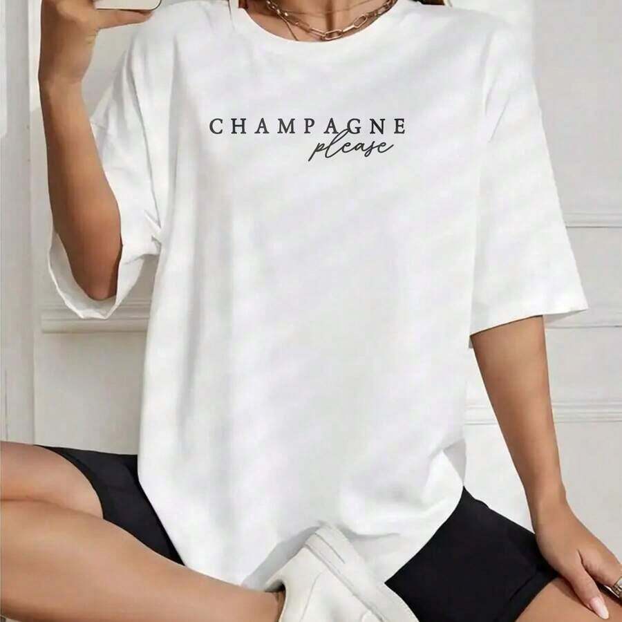 Camiseta de manga corta de verano estilo coreano de algodón estampada para mujer, color champán, con cuello redondo, estampado de letras, holgada, casual y versátil, para uso diario, playa, fiesta, vacaciones, camiseta de verano. - Blanco - Ver 1