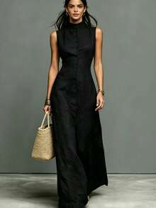Minimalist Style Single-Neck Sleeveless Maxi Linen Dress - 黑色 - 查看 1