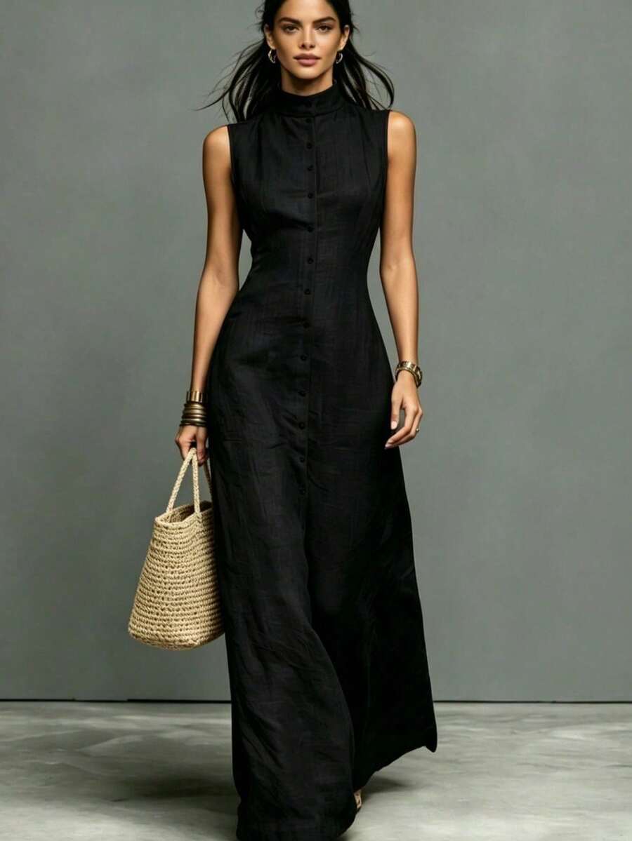 Minimalist Style Single-Neck Sleeveless Maxi Linen Dress - 黑色 - 查看 1