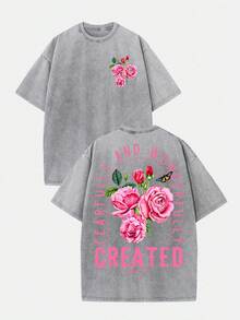 Camiseta de mujer [Impresionante camiseta holgada de estilo vintage con estampado de rosas rosas, diseño de manga corta para mujer, tela de algodón puro de 8.11 oz, corte holgado. Adecuada para uso diario o como regalo para amigas. Inspirada en el Salmo 139:14, exquisitamente diseñada. 100% algodón puro] Casual - marrón café - Ver 6