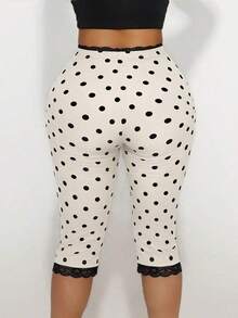 Women's Lace Trim Bow Decor Polka Dot Skinny Pants - 杏色 - 查看 2