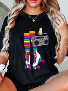 Women's Casual T-Shirt, Ideal For Everyday Wear And The Office. Made From 100% Natural Fabric With A Cute Letter And Number Print. Slim Fit, Casual Style, Perfect For Spring, Summer, And Fall. Short Sleeves. Women's Clothing. - 黑色 - 查看 7