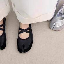 French-Style Cross-Strap Split-Toe  Shoes For Women, PU Leather Flat Ballet Shoes, Mary Jane Single Shoes For Women - 黑色 - 查看 5