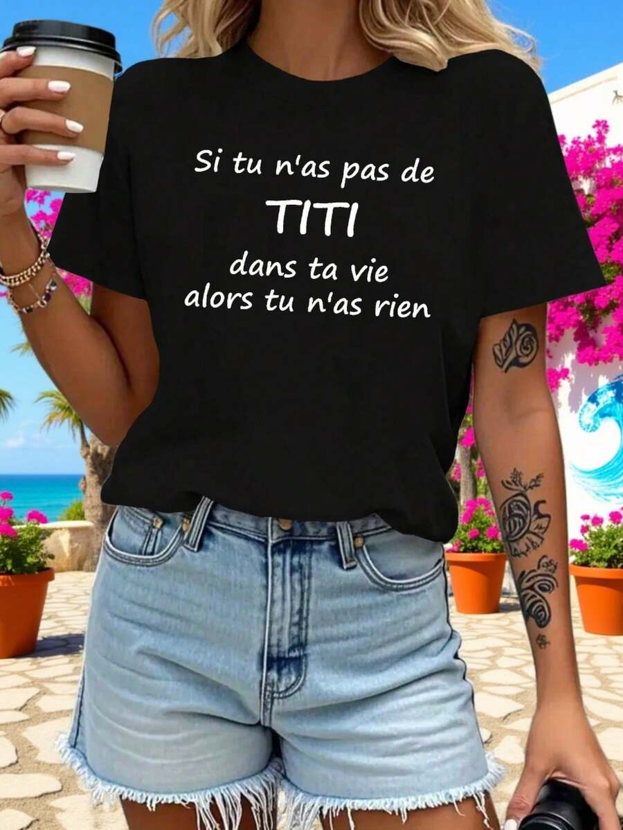 Camiseta Humorística de Mujer con Mangas Cortas en Estilo Francés - Negro - Ver 1