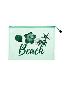 多色防水時尚網格沙灘包，印有「Beach」字樣的化妝包，羽毛花朵、朱槿、海星、貝殼和珍珠元素，大容量透明化妝包，尼龍拉鍊盥洗包，輕巧，可存放防曬霜、零食、比基尼和沙灘必需品，適合送給朋友、家人、閨蜜、同學的生日、節日、派對、婚禮（伴娘）、教師節禮物與紀念品，郵輪必備，夏季度假禮物 - 彩色 - 查看 14
