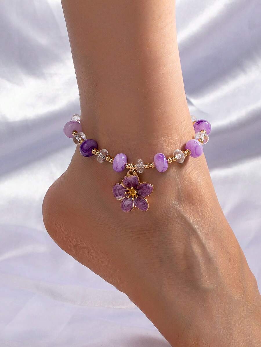1 chiếc vòng chân nữ thời trang, màu trắng, họa tiết hoa tối giản, thanh lịch, cá nhân hóa, thích hợp cho kỳ nghỉ và tiệc tùng. - Kiểu đính hạt pha lê màu tím - Xem 1
