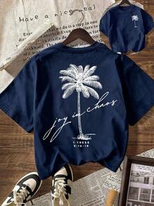 Women's Short-Sleeved T-Shirt With Round Neck And Palm Print, Summer Beachwear For Vacation. - 海軍藍 - 查看 1