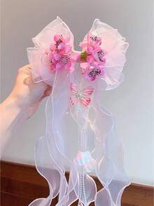 1个少女仙女蝴蝶结发夹，网状花朵流苏鸭嘴夹，柔美编织侧夹，美观汉服发饰 - 彩色 - 查看 5