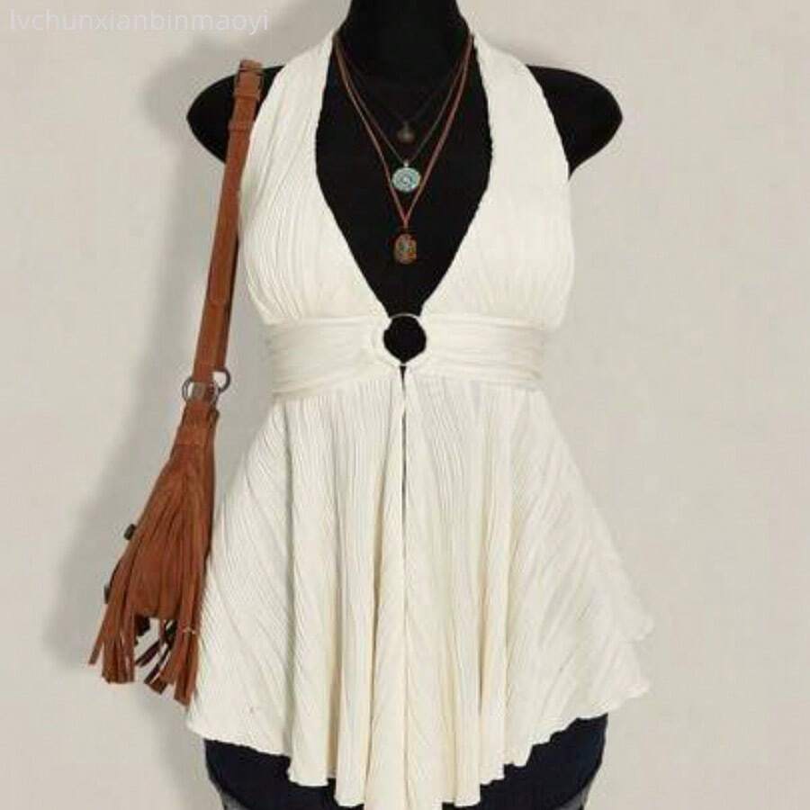 ICON Plus Size Y2K Style Hollow Out Asymmetrical Hem Babydoll Halter Neck Knit Camisole, Summer Tops - Albaricoque - Ver 1