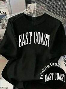 Women's Black 'East Coast' Print Short-Sleeved T-Shirt, Casual Round Neck, Regular Length, Loose Fit, Streetwear Style With Slight Stretch, Casual Blouses For Ladies, Women's Tops - 黑色 - 查看 3