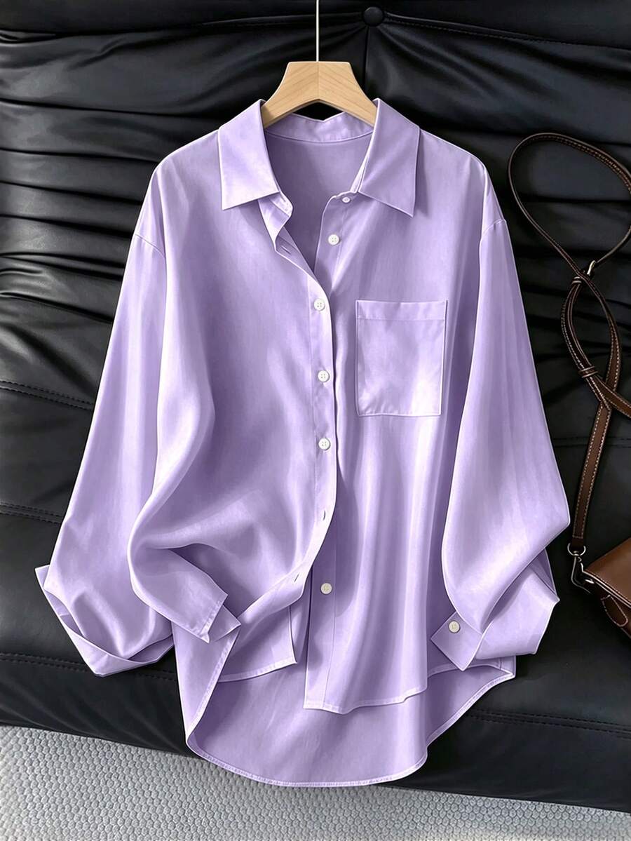 Camisa holgada de manga larga casual para mujer, adecuada para el trayecto al trabajo en primavera y otoño - Lila Púrpura - Ver 1