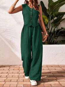 Frenchy Set de 2 piezas para mujer de top sin mangas y pantalones de estilo casual con un solo botón, para verano - Verde Oscuro - Ver 7