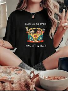 Camiseta Casual Minimalista para Mujer, Blanca, con Estampado de Furgoneta Hippie, Símbolo de la Paz y Flores, Texto 'Imagine All The People Living Life In Peace', Ropa Urbana de Moda para Verano. Camiseta Sencilla de Color Sólido para Mujer, Corte Holgado y Ajustado, Manga Corta Casual. - Negro - Ver 8