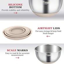 Wildone - Cuencos para mezclar con tapas herméticas, 22 cuencos de acero inoxidable, con accesorios de 3 ralladores, marcas de escala y parte inferior antideslizante, tamaño 5, 4, 3, 2, 1.5, 0.63QT - Caqui - Ver 7