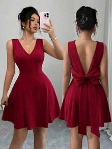 Vestido elegante y sexy de color borgoña con cuello en V, espalda descubierta, ajustado con vuelo en el bajo, sin mangas y con detalle de lazo.Adecuado para el Día de la Independencia y días festivos - Burdeos - Ver 2