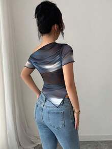 Camiseta de manga corta con hombros oblicuos y estampado de teñido anudado para mujer - Azul - Ver 2