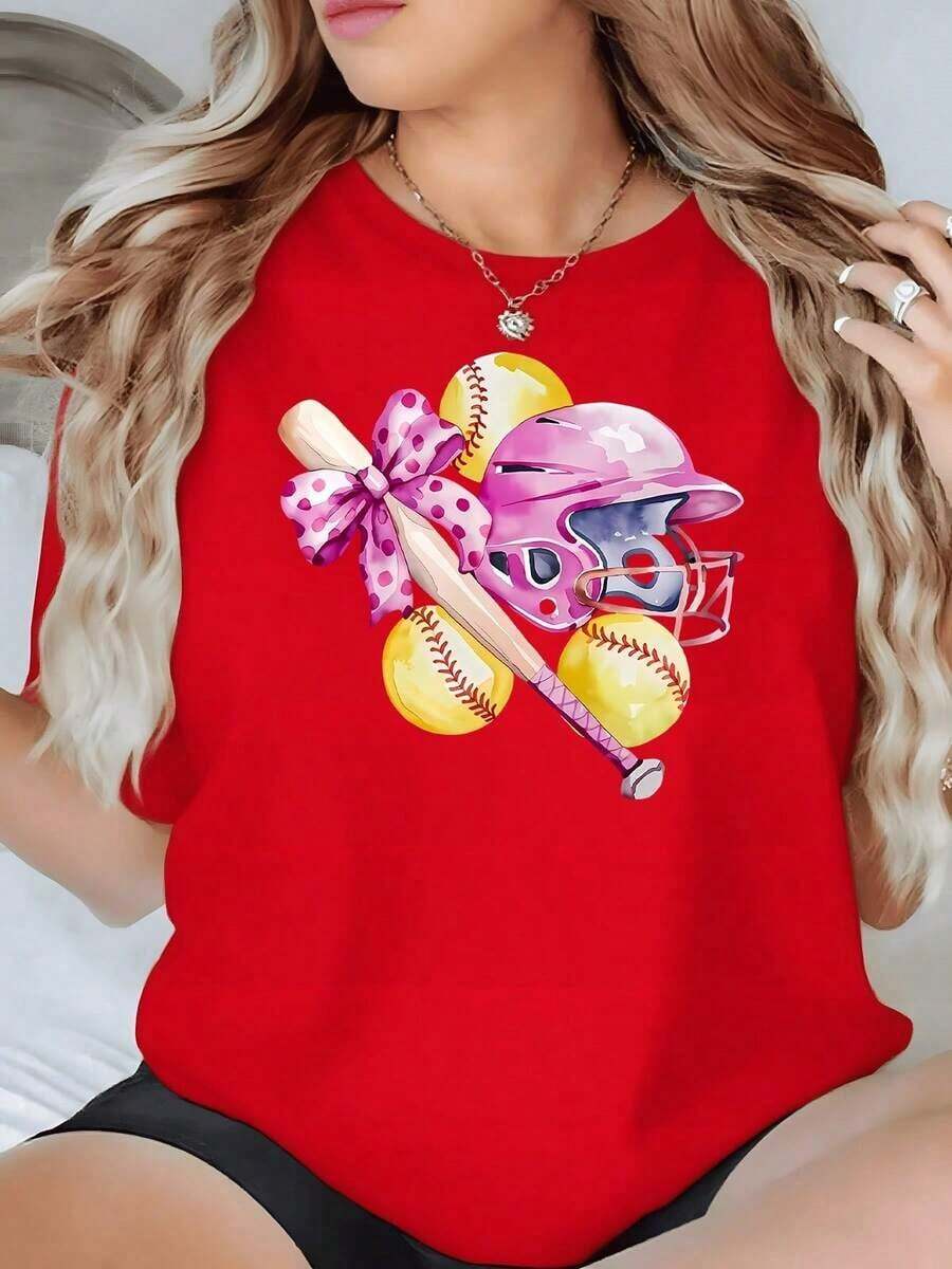 Minimalist Illustration Of A Bright Pink Helmet With A Bat And Softballs Adorned With A Bow, Symbolizing Feminine Energy And Love For Sports. Women's 100% Cotton T-Shirt, Elegant And Comfortable. Women's Simple Solid Color T-Shirt, Loose And Slim Fit Casual Short Sleeve - 紅色的 - 查看 1