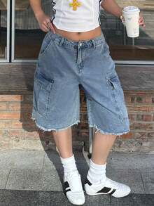 Shorts vaqueros cargo tipo bermuda de pierna ancha con bajo original, estilo vintage lavado Y2K, casual para mujer, verano y vacaciones - Azul claro - Ver 2