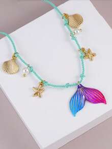 1pc Summer Beach Pendant, Colorful Braided Rope + Gold Chain, Decorated With Mermaid Tail, Seashell, Coconut Tree, Starfish, Sun, Faux Pearl And Turtle Pendants, Suitable For Women's Beach Vacation And Party Wear, Tropical Ocean Style Jewelry - Multicolor - View 5