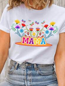 Vibrant Flowers And Butterflies Surround The Word MAMA In Cheerful Colors, Symbolizing Maternal Love, Happiness, And Connection With Nature-A Tribute To Mothers. Women's T-Shirt, 100% Cotton - 白色的 - 查看 6