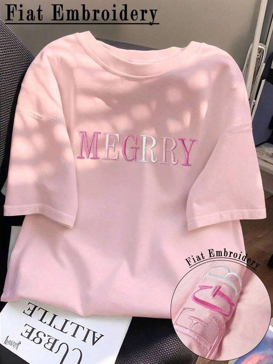 Camiseta ajustada de casual de manga corta y cuello redondo con bordado de letras para mujer de verano - Rosa 2 - Ver 1
